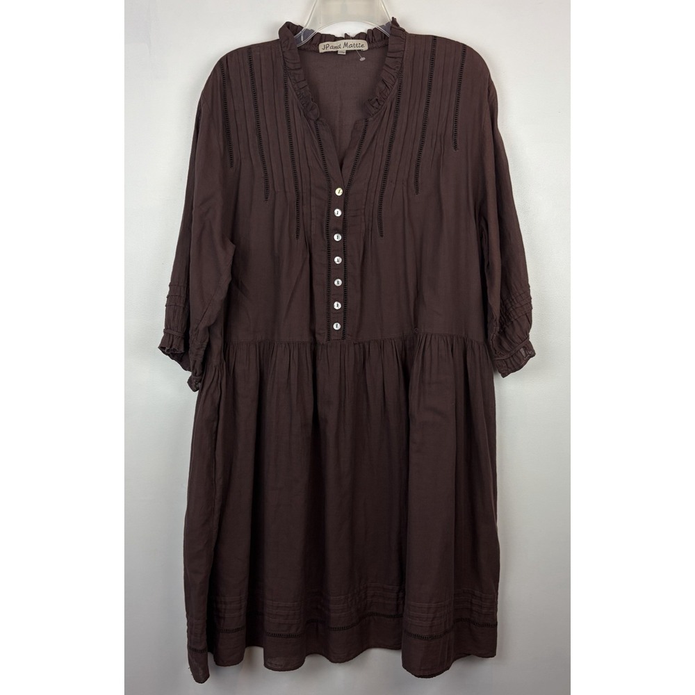 JP and Mattie Womens Annabelle Ruffled Dress XL Brown Ladder Stitch Cottagecore